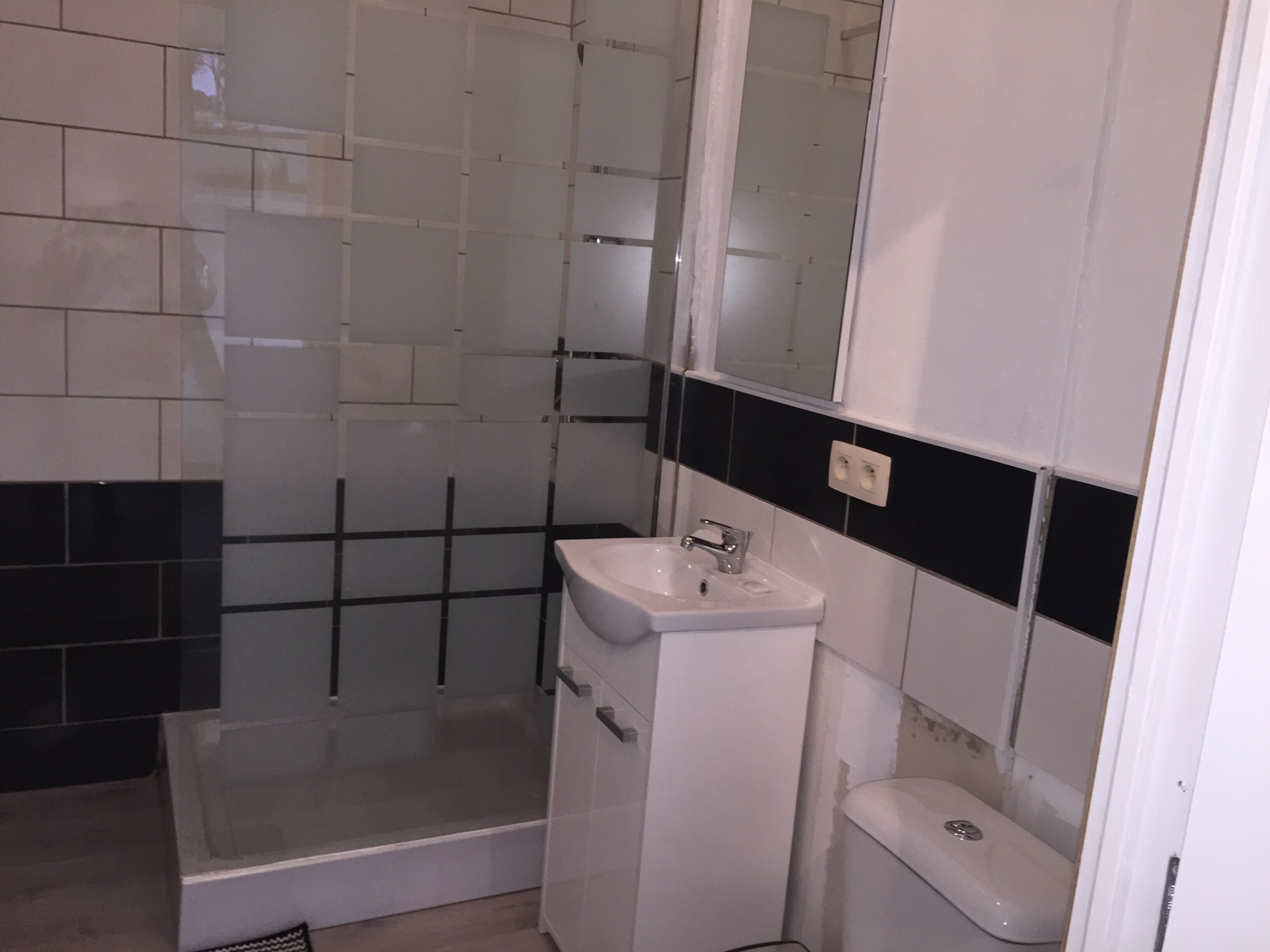 Een badkamer met een douche, wastafel en toilet.