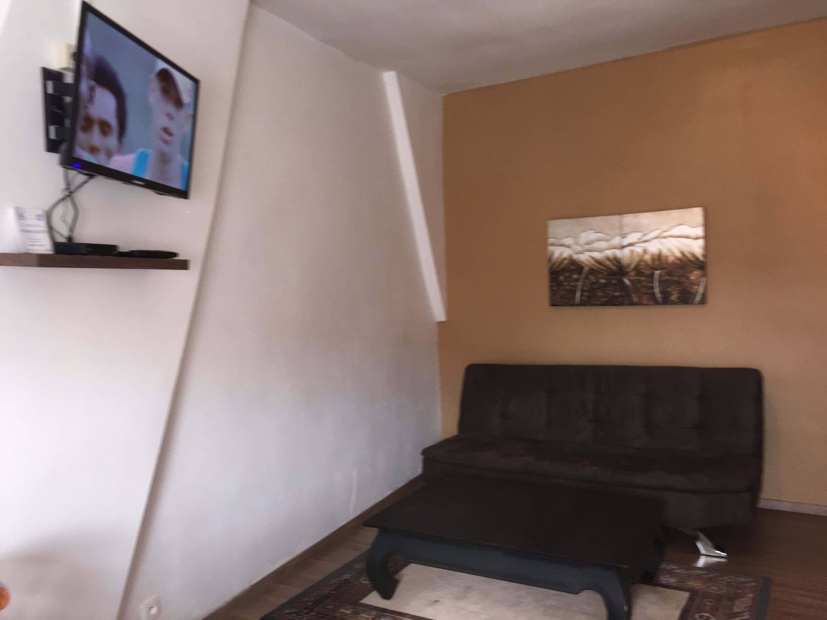 Un salon avec un canapé foncé, une petite table basse, un téléviseur à écran plat fixé au mur et un tableau accroché au mur.