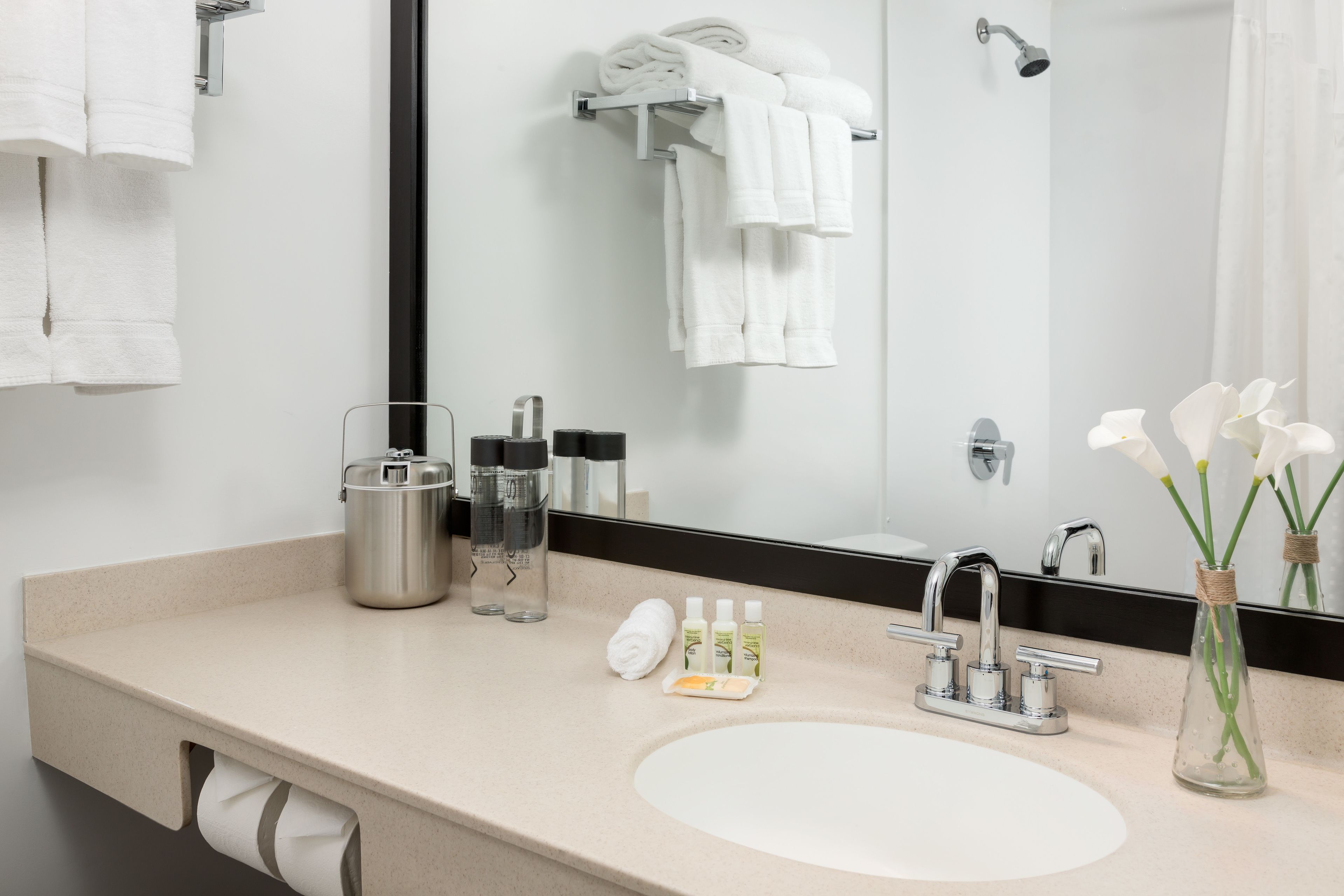 combined shower/bathtub, free toiletries, hair dryer, slippers