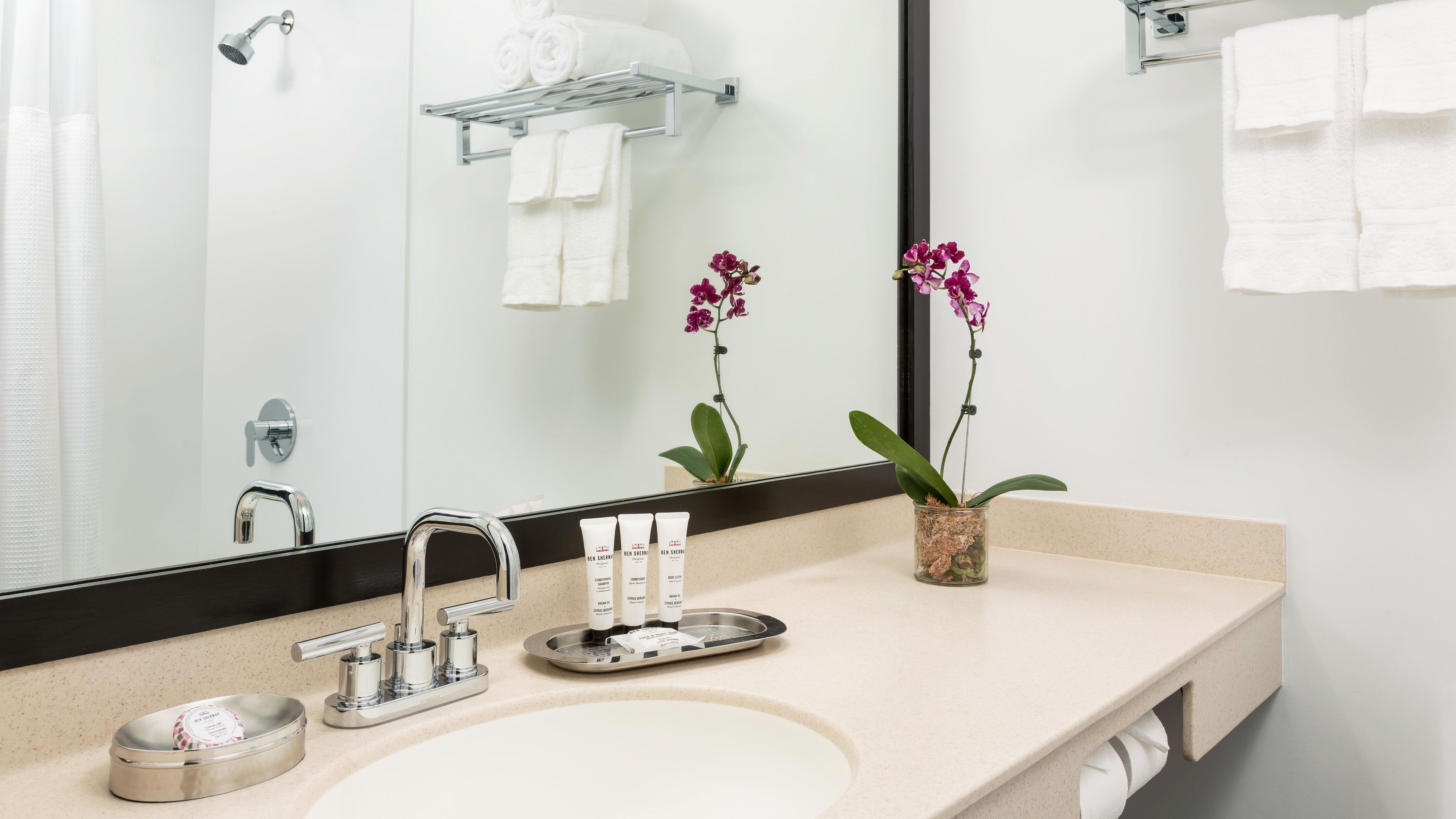 combined shower/bathtub, free toiletries, hair dryer, slippers