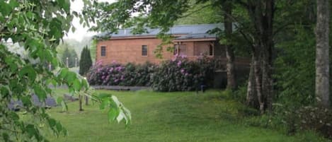 Uma casa de tijolos com telhado inclinado, cercada por um gramado e árvores.