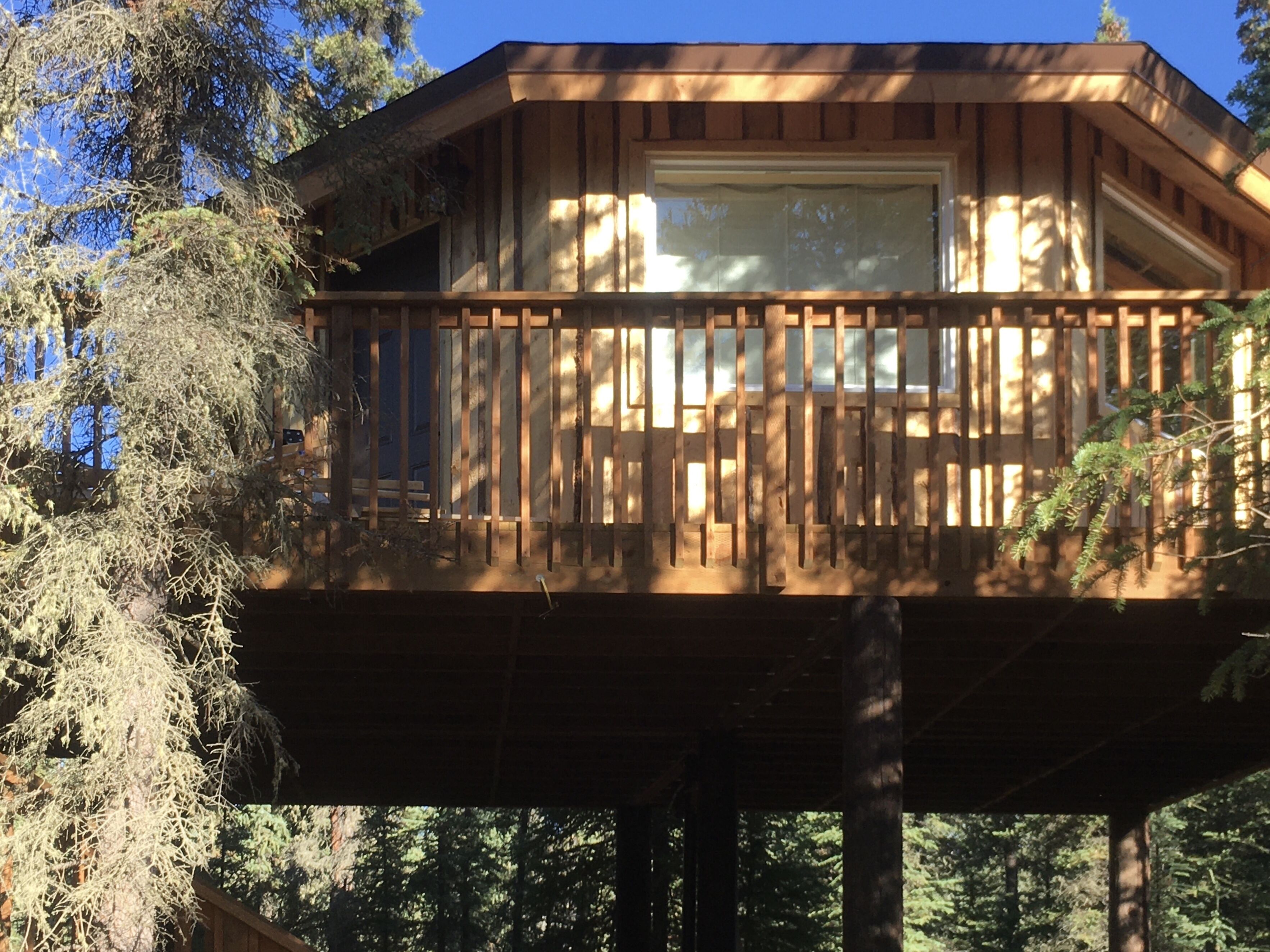 A wooden deck with a railing, surrounded by trees.
