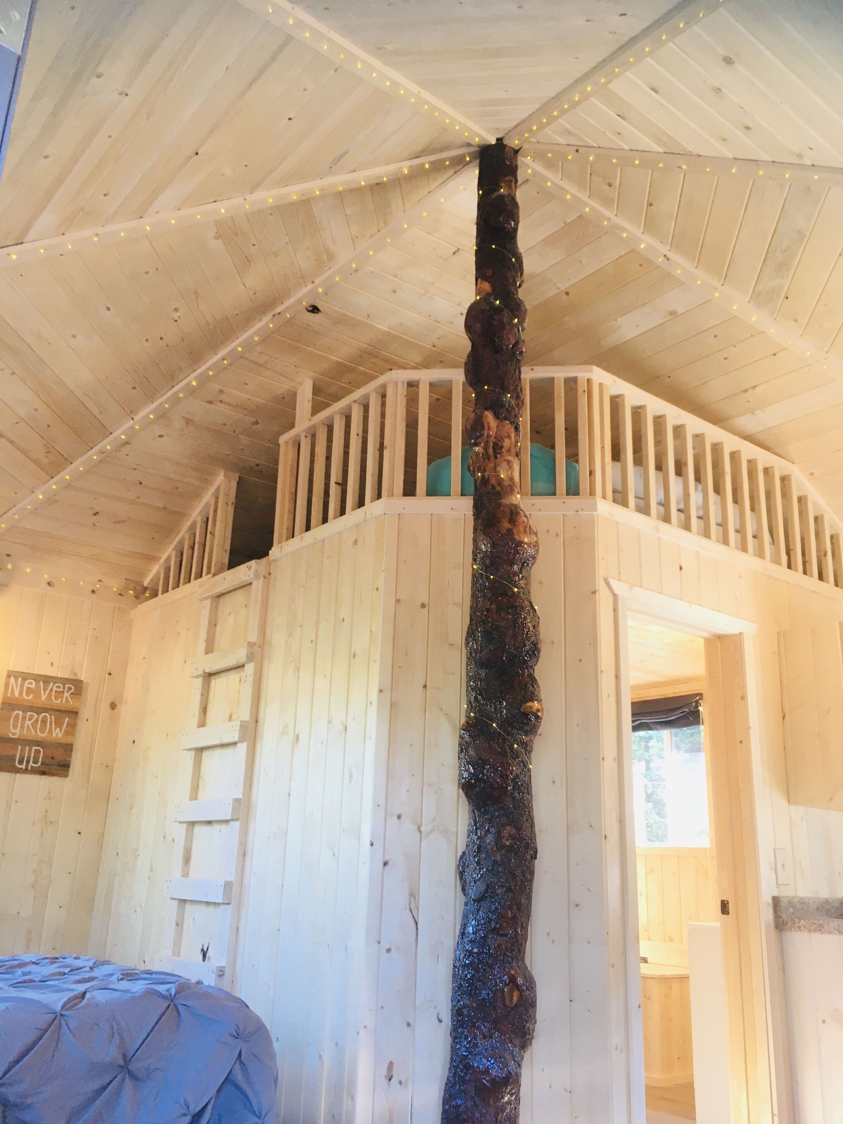 A wooden cabin interior with a loft area, a ladder, and a sign that reads "NEVER GROW UP".