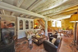 Télévision, cheminée, livres