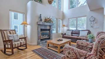 TV, fireplace, books