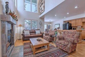 TV, fireplace, books