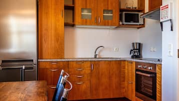Apartamento superluxo, 1 quarto, vista para o rio, de frente para o oceano | Cozinha privada | Geladeira, micro-ondas, fogão, cooktop