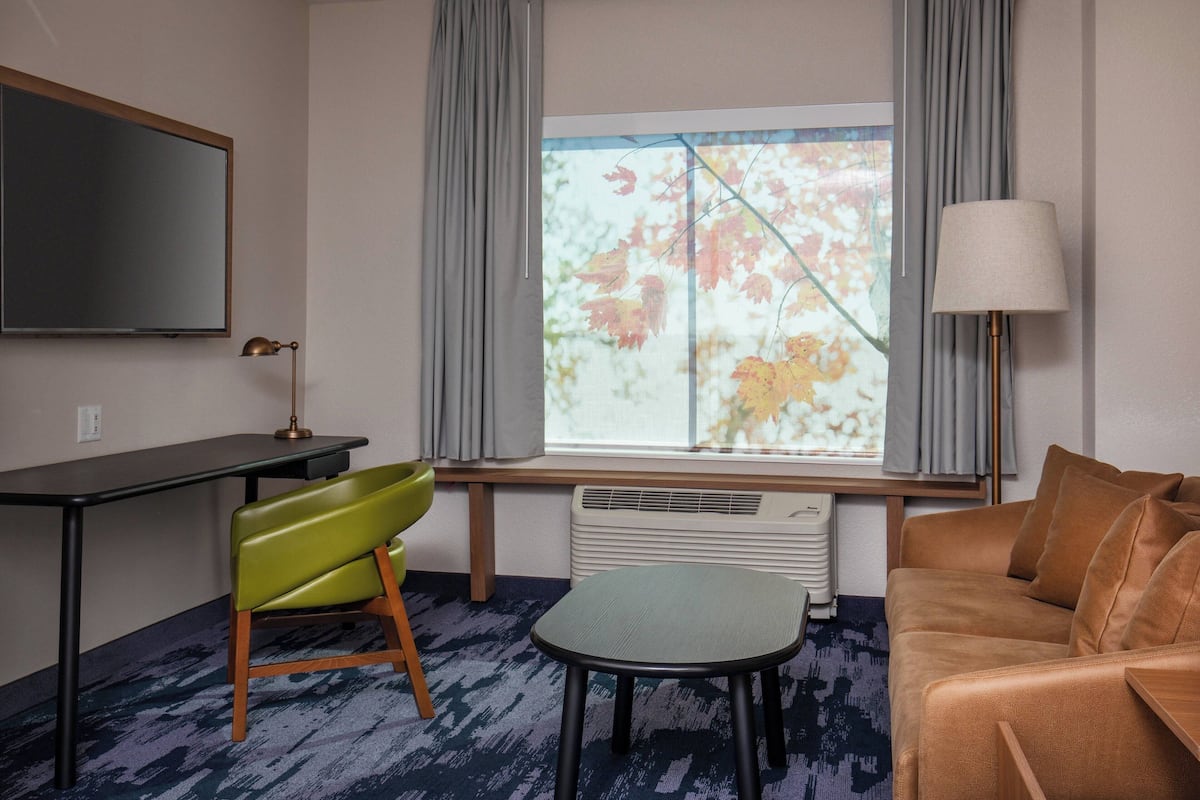 A hotel room with a flat-screen TV, a green chair, a brown sofa, a small table, and a window with curtains.