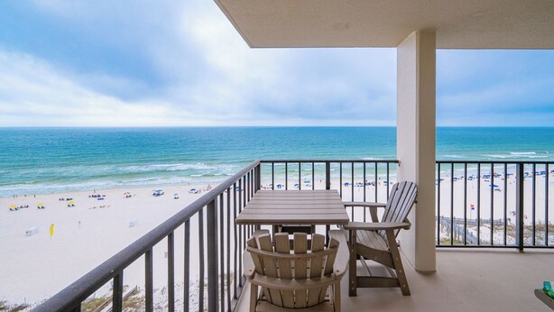 A balcony with a view of the beach and ocean. - Phoenix III - 9th floor 3 Bedroom (Orange Beach)