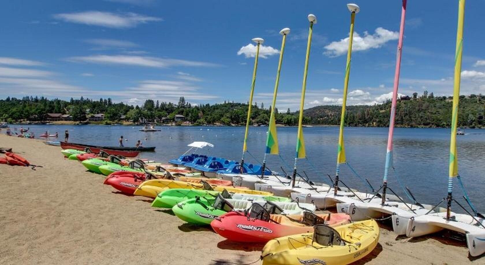 A beach with colorful kayaks lined up and tall poles with flags.