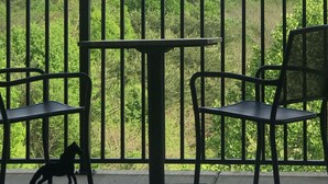 Een balkon met twee stoelen en een tafel, met uitzicht op een weelderig groen landschap en verre bergen.