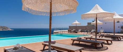 Seasonal outdoor pool, pool umbrellas, pool loungers