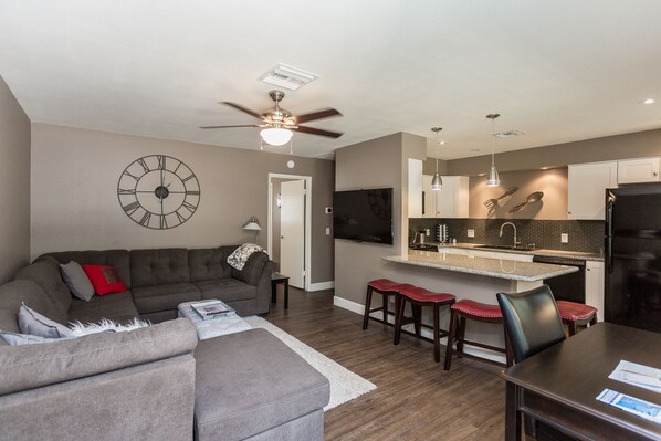 Flat-screen TV, Netflix, Hulu, streaming services