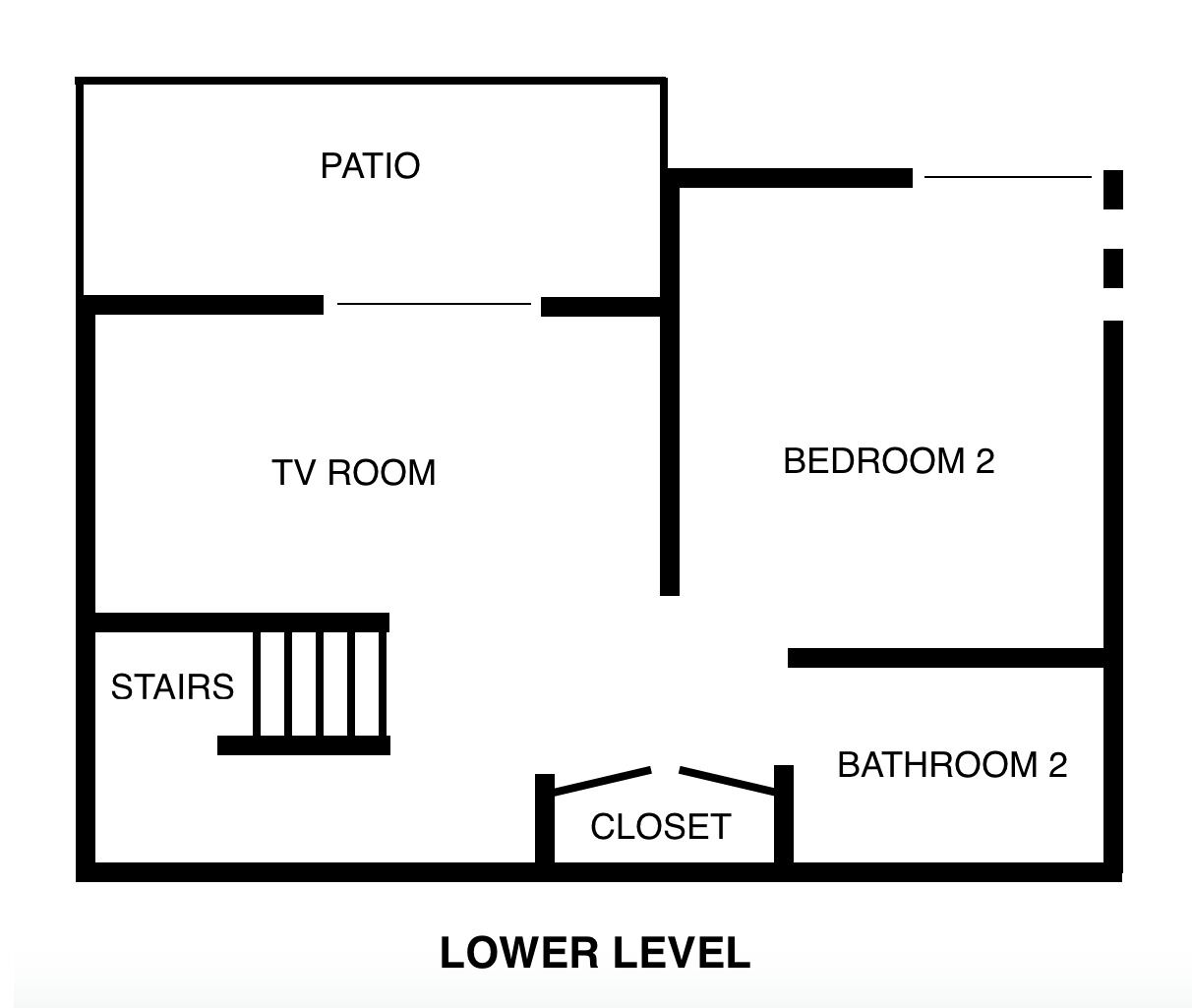 Planta baixa mostrando uma sala de TV, pátio, quarto 2, banheiro 2, escadas e um armário.