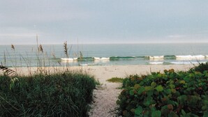 Uma praia com um caminho de areia que leva ao oceano, cercada por grama e vegetação.