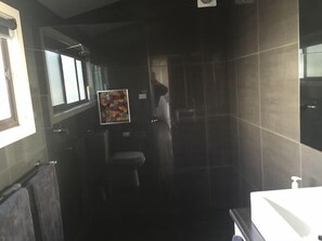 Dusche, Haartrockner, Handtücher, Toilettenpapier
