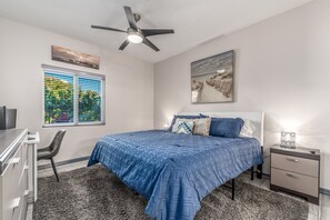 2 bedrooms, desk, iron/ironing board, travel crib