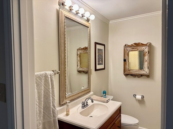 A bathroom with a large mirror, vanity, sink, and toilet. - Green Door...:Renovated Cozy Cottage Centrally Located (Memphis)