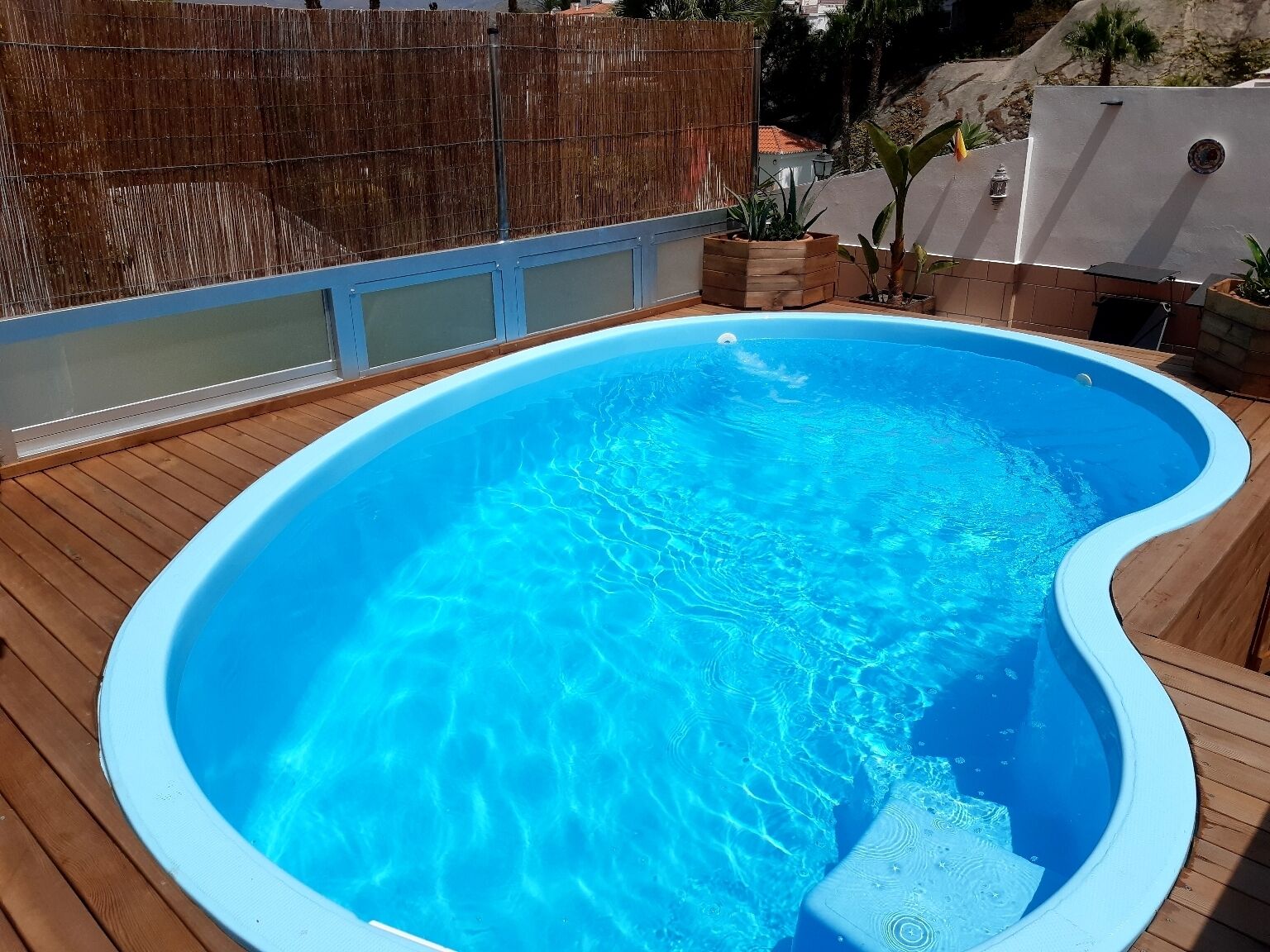 A swimming pool with a wooden deck, surrounded by a bamboo fence and potted plants.