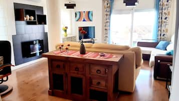 TV connectée, cheminée, livres