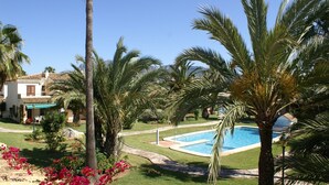 Un área de piscina con palmeras, cielo azul despejado y un edificio con techo de tejas.