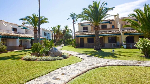 Un patio con palmeras, un sendero de piedra y edificios con techos de tejas.