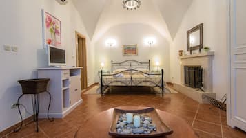 Smart TV, fireplace, DVD player, stereo