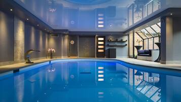 Indoor pool, open 10:00 AM to 8:00 PM, sun loungers