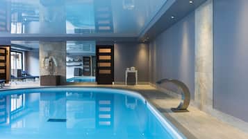 Indoor pool, open 10:00 AM to 8:00 PM, sun loungers