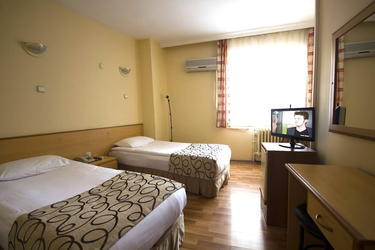 A hotel room with two beds, a desk with a television, and a radiator.