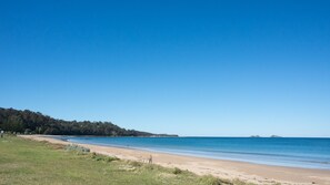A beach with a clear sky, sandy shore, and a forested hill in the background.