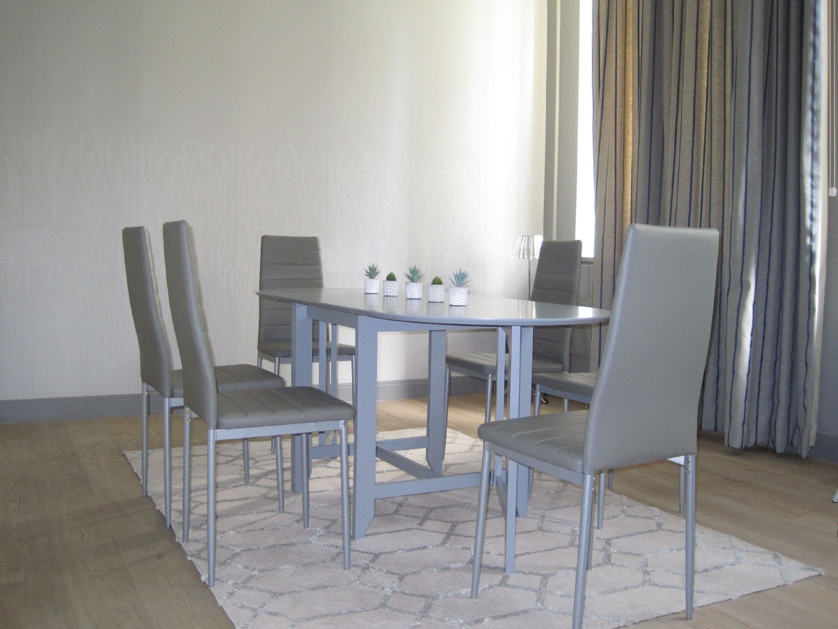 A dining area with a round table and four chairs, a small potted plant arrangement, and a light-colored rug.