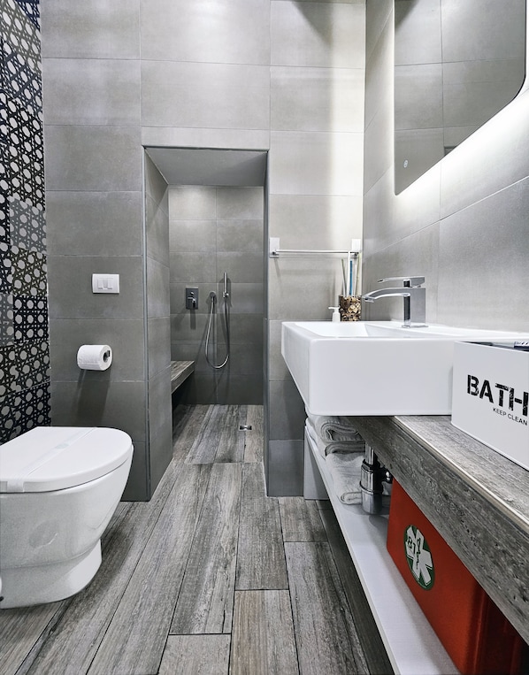 Dusche, umweltfreundliche Kosmetikartikel, Haartrockner, Bidet