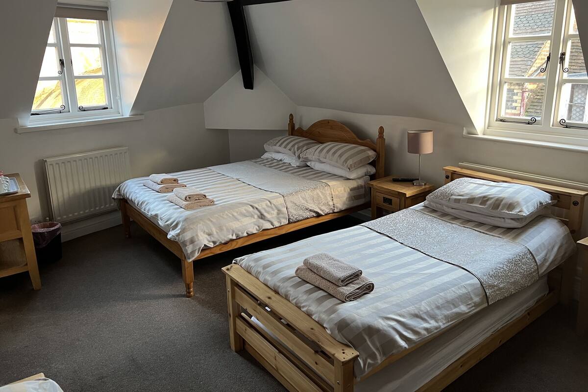 A bedroom with two wooden beds, a radiator, a window, and a nightstand with a lamp.