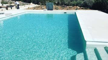 Seasonal outdoor pool, pool umbrellas, pool loungers