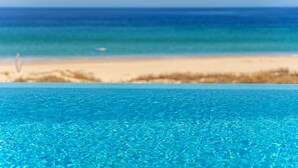 A clear view of a swimming pool with a sandy beach and ocean in the background.