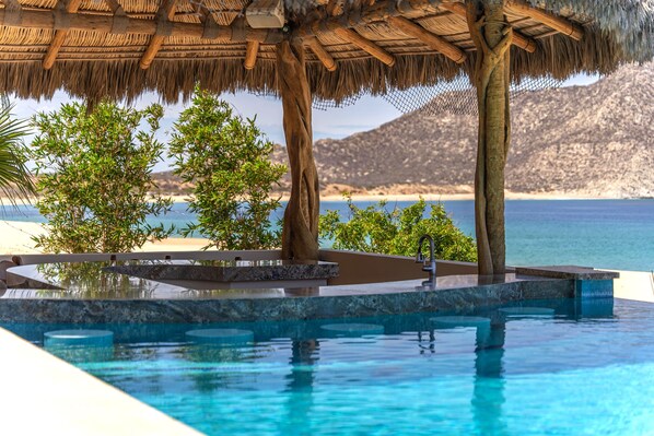 An infinity pool with a thatched roof structure, surrounded by greenery and overlooking a beach and mountains.
