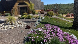 A modern building with a dome-shaped roof, surrounded by a landscaped garden with various plants and flowers. - California Dreamin' Upscale Architectural marvel / Horizon ocean view on 3 acres (Arroyo Grande)