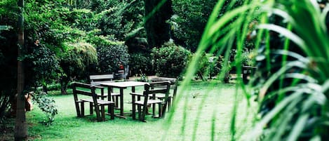 Ein Garten mit einem Holztisch und Stühlen, umgeben von üppigem Grün und Bäumen.