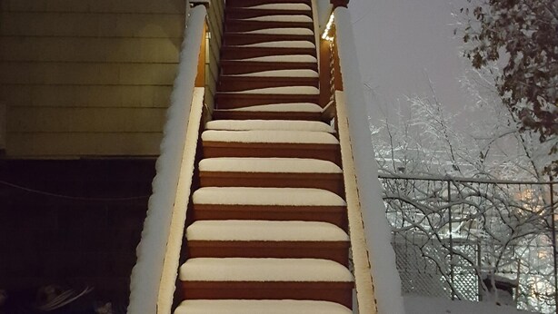 En trappe dækket af sne, der fører op til en bygning.