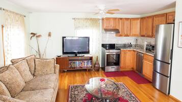 Smart TV, fireplace, books