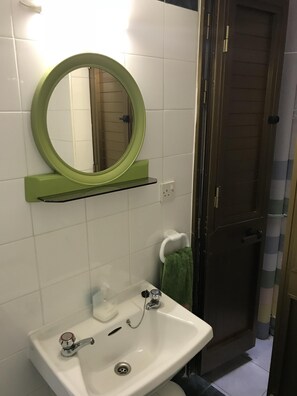 Shower, hair dryer, towels, toilet paper