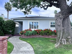 A residential house with a brick pathway leading to the entrance, a well-maintained lawn, and a large tree in the foreground.