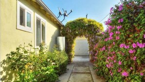 A narrow pathway leading to a garage, flanked by lush greenery and flowering plants.