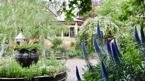 A garden with a gazebo, a large pot, and a building with a red roof in the background. - Rent your own Hotel in the Victorian Goldfields (Maldon)