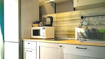 Bloc d'apartaments Comfort, 1 llit de matrimoni i sofà llit, accessible, vistes a la ciutat | Cuina privada | Frigorífic, microones, forn i placa de cuina