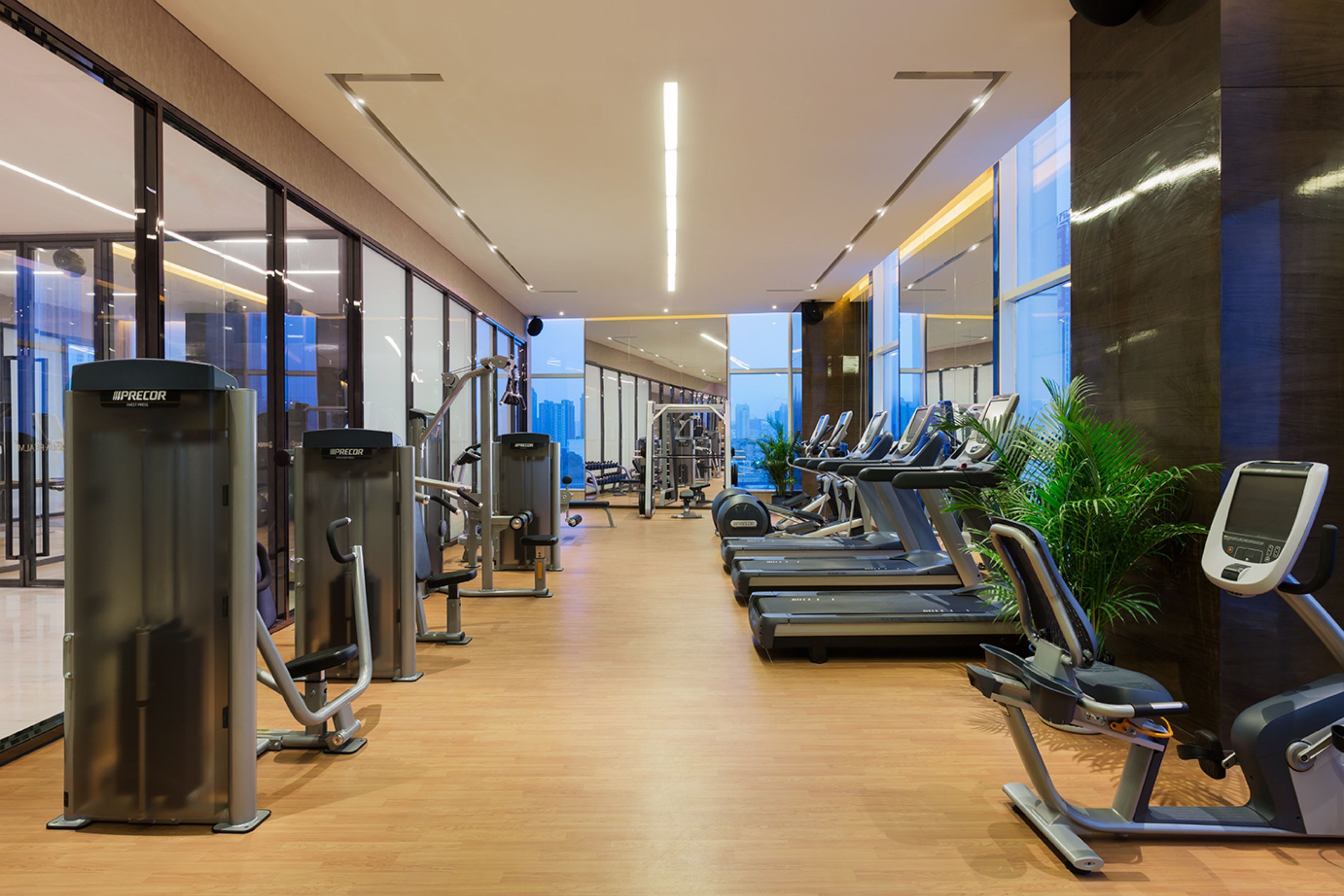A modern gym with cardio machines, weight stations, and large windows offering city views.