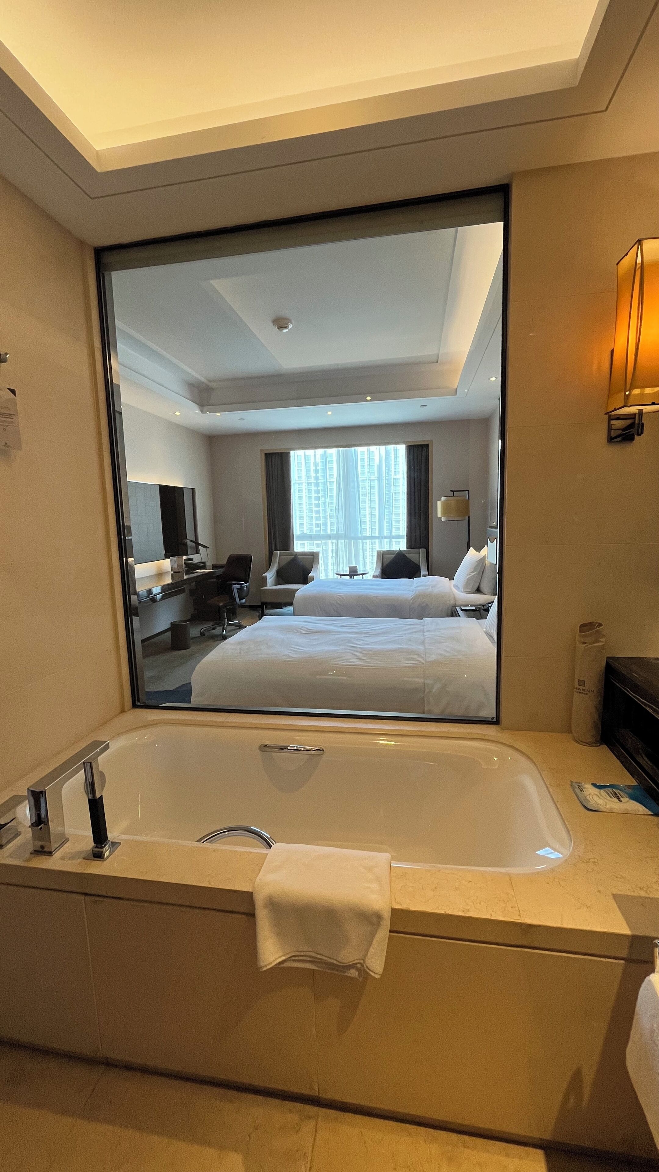 Separate tub and shower, free toiletries, hair dryer, bathrobes