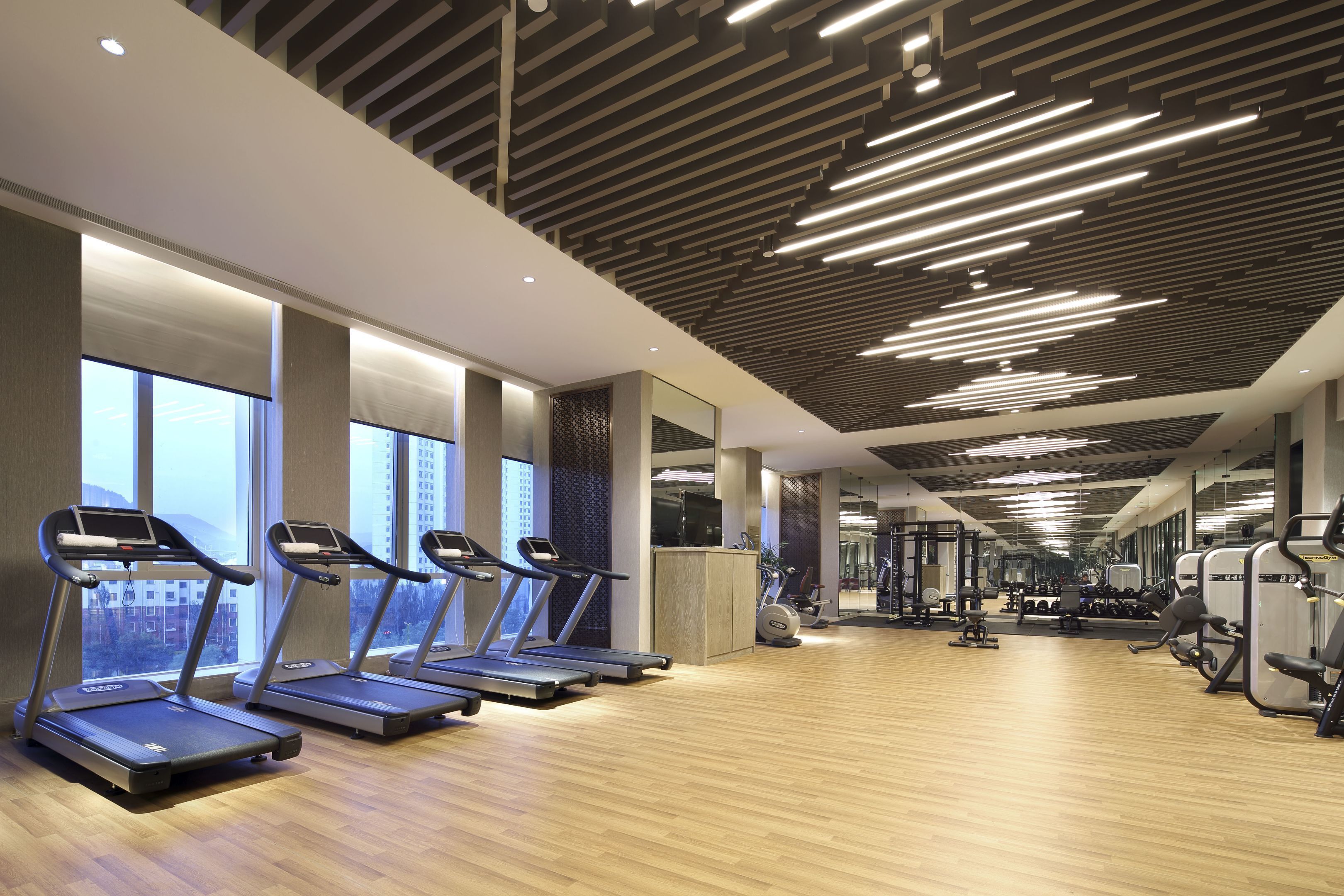 A modern gym with treadmills, weight machines, and large windows offering city views.
