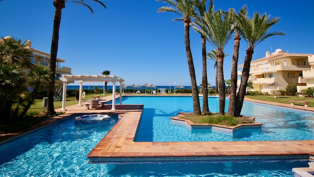 Una piscina con palmeras, una zona techada y vista al océano.